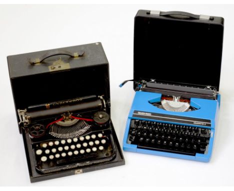 AN EARLY 20TH C UNDERWOOD TYPEWRITER AND ANOTHER, BOTH CASED 