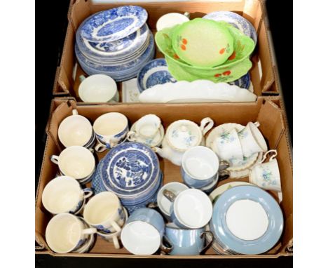 A JOHNSON BROTHERS BLUE PRINTED EARTHENWARE WILLOW PATTERN TEA SERVICE, A ROYAL ALBERT BONE CHINA INSPIRATION PATTERN TEA SER