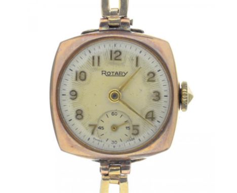 A ROTARY 9CT GOLD CUSHION SHAPED LADY'S WRISTWATCH, WITH 9CT GOLD BRACELET, BOXED, 13.8G 
