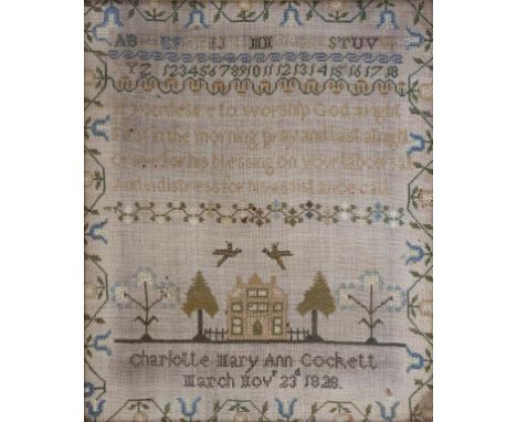 AN ENGLISH LINEN SAMPLER, WORKED BY CHARLOTTE MARY ANN COCKETT, MARCH NOVR 23RD 1828, WITH HOUSE, TWO BIRDS, TREES AND VERSE,