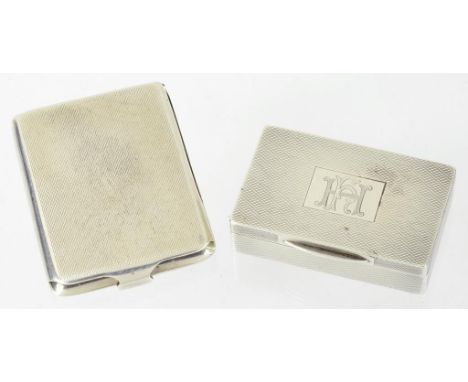 A SILVER SNUFF BOX, ENGINE TURNED, 5CM W, MARKED SILVER AND A SILVER BOOK MATCH HOLDER, LONDON 1931, 2OZS 8DWTS 