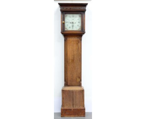 AN OAK LONGCASE CLOCK, WITH PAINTED DIAL, 207CM H 