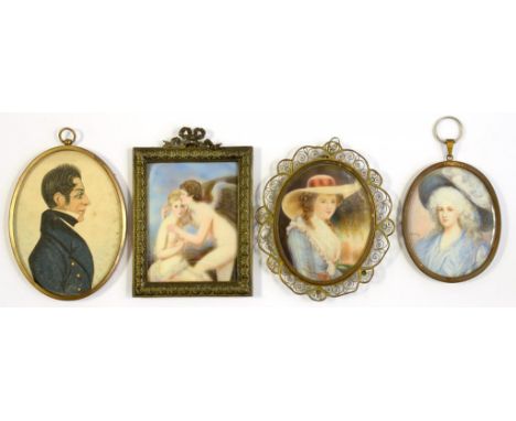 ENGLISH SCHOOL, 19TH C, PORTRAIT MINIATURE OF A MAN IN A BLUE COAT, 10 X 7.5CM AND FOUR OTHER VARIOUS DECORATIVE MINIATURES  