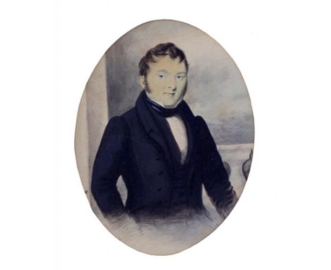 ENGLISH SCHOOL, EARLY 19TH C, PORTRAIT MINIATURE OF A GENTLEMAN, BUST LENGTH IN BLACK, WATERCOLOUR, ON CARD, OVAL, 16 X 12.5C