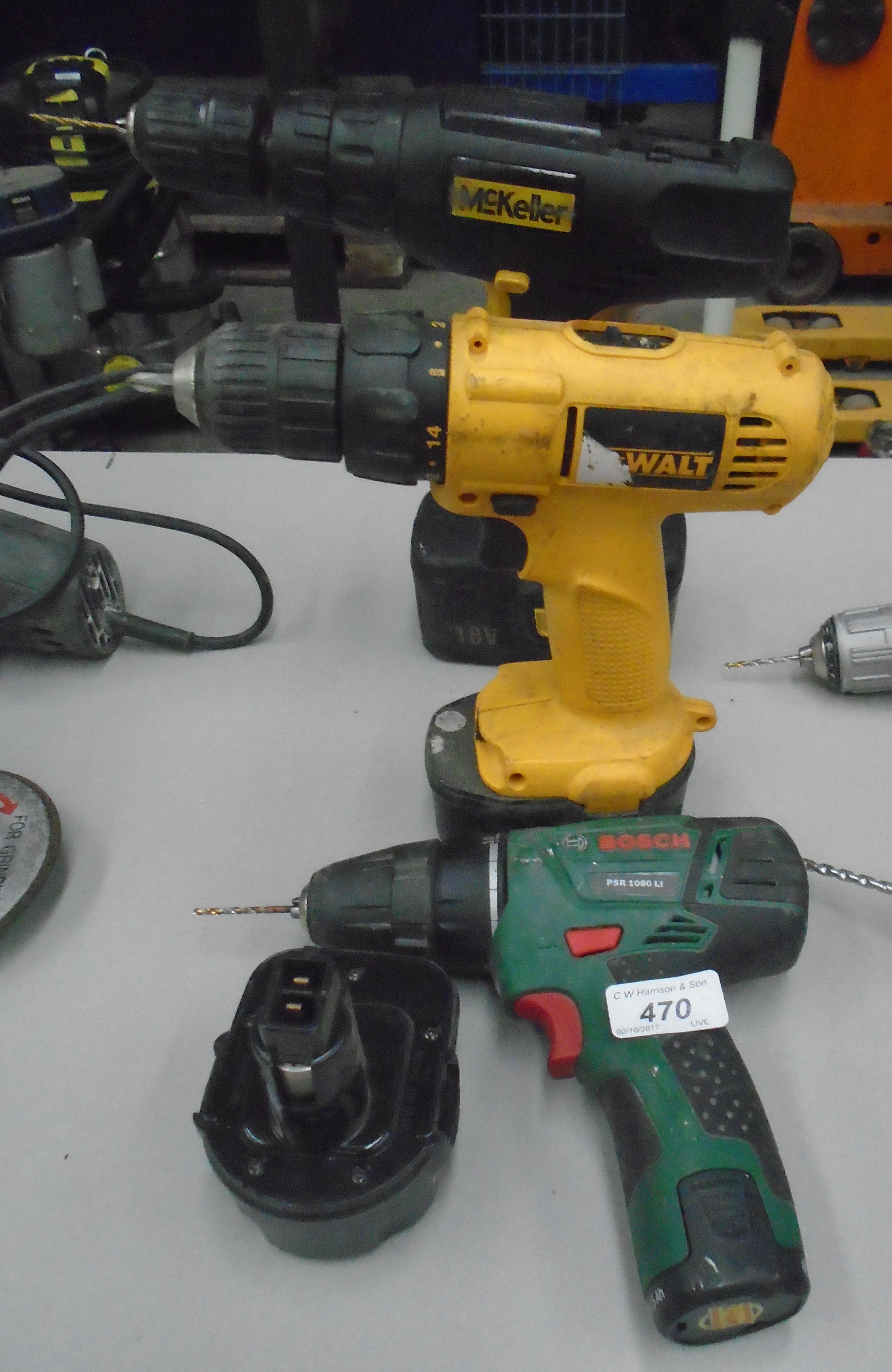 3 x cordless hand drills by DeWalt etc. c/w batteries, no chargers