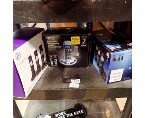 Three home phones to include Panasonic and BT. Panasonic box contains KX-TGAZ77E phones, BTXT3500 box contains BT3505 phones,