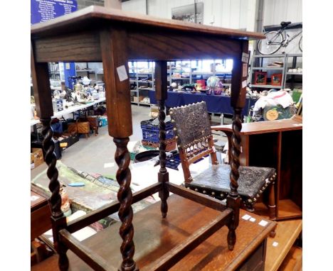 Side table with barleytwist legs and brass ball caster feet and a Edwardian fire screen, 44 x 72 x 66 cm H. Not available for
