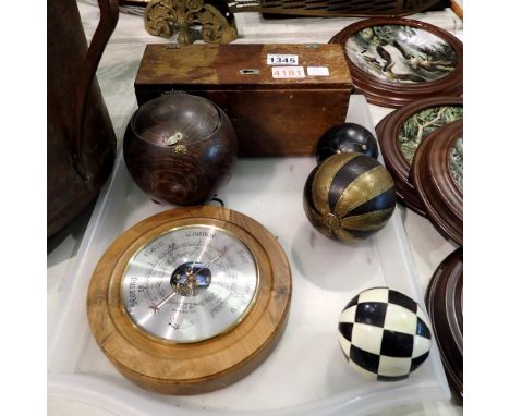 Cased student microscope with mixed treen and a barometer. Not available for in-house P&amp;P 