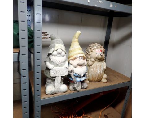 Three garden ornaments to include two gnomes. Not available for in-house P&amp;P 