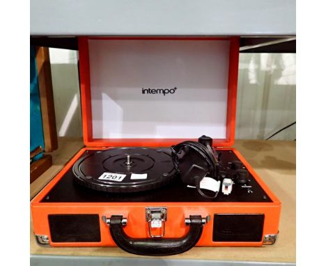Intempo cased record player, in red with power cable present. Not available for inhouse P&amp;P.