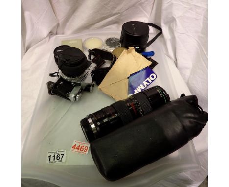 Olympus OM-2N 35mm camera with two additional telescopic lens accessories. Not available for in-house P&amp;P 