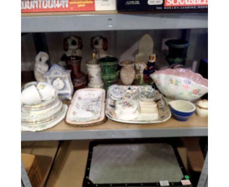 Collection of decorative ceramics, including Maling vase and Coalport pin trays. Not available for in-house P&amp;P