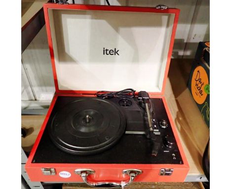 Red Itech briefcase record player with USB power cable. Not available for in-house P&amp;P 