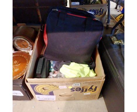 Box containing games, playing cards, darts, diecast vehicles and a bowling ball. Not available for in-house P&amp;P