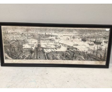 After Henry William Brewer (1836-1903) 'Bird's-Eye View of Portsmouth Harbour', monochrome print, framed, 34 x 112cm, togethe