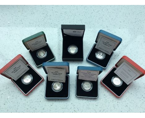 Royal Mint- Seven various United Kingdom Silver Piedfort One Pound Coins, each 19.0g, including 1985, 1886, 1988, 1994,1996, 