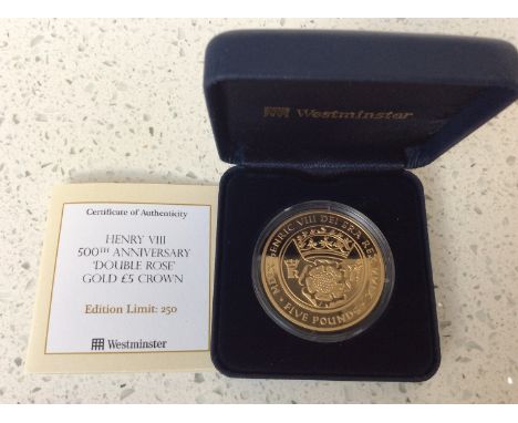 Westminster- Henry VIII 500th Anniversary 'Double Rose' Gold £5 Crown, States of Guernsey, limited 074/250, proof struck, Obv