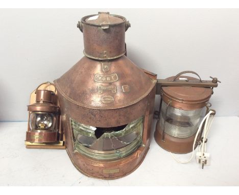 A large copper ship 'Port' lamp, R.C. Murray &amp; Co, Glasgow, 56cm (glass broken), together with a 'Meteor' masthead lamp, 