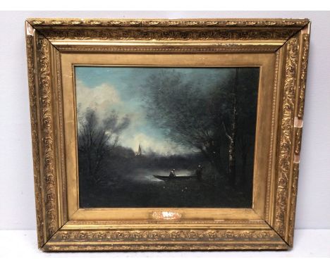 Manner of Jean-Baptiste-Camille Corot (1796 - 1875) Country landscape study of figures in a boat on a lake, bares signature '
