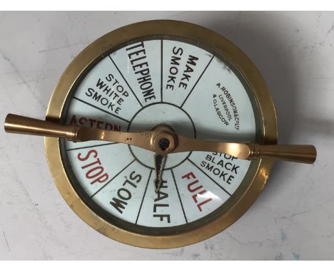 A large brass ship's telegraph by A. Robinson &amp; Co Ltd Liverpool &amp; Glasgow, twin handles, white enamel dial with comm