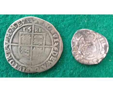 Two hammered British silver coins ' a 5th issue 1581 Elizabeth 1st sixpence with a Latin Cross mintmark on the obverse; and a