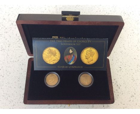 Westminster- The Two Heads of George IV Sovereign Set, 22ct gold, 1822 Obv. Head with laurel wreath, rev. Pestrucci's St Geor
