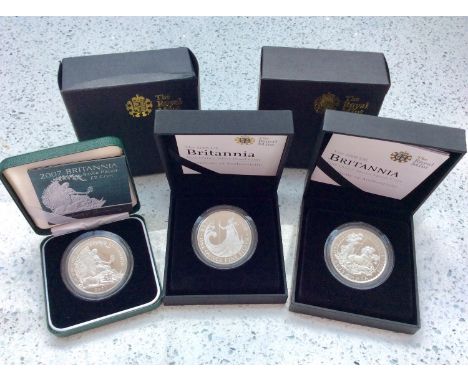 Three Royal Mint United Kingdom Britannia One Ounce Silver Proof Coins, 2007, 2008 and 2009, each in plastic capsule with cer