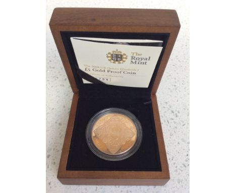 The Royal Mint- The 2008 UK Queen Elizabeth I Five Pound Gold Proof Coin, 0.9167 Au, 39.94g, proof struck, Obv. IRB portrait 