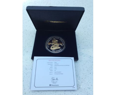 Westminster- The 2009 Jersey St George &amp; The Dragon 5oz Ten Pounds Silver Coin, 999/1000 with gold plating, Proof Struck,