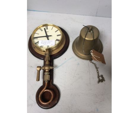 A Staiger Quartz circular Bulkhead clock mounted with brass and copper steam-gauge (given as a stoker's retirement present), 