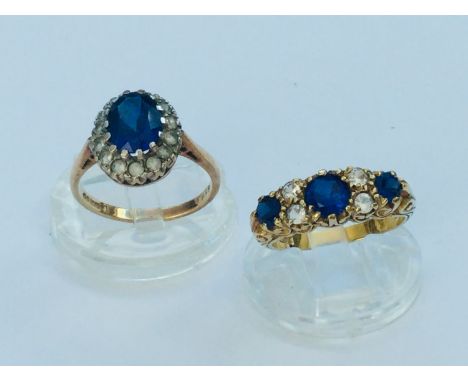 Two 9ct yellow gold dress rings both set with blue and white stones, total weight 7.2 grams. 