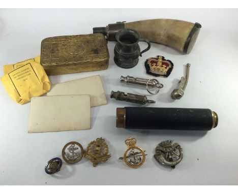 A quantity of militaria/maritime items including a horn gunpowder flask, bosons call, ARP whistle and another, WW1 patent Ger