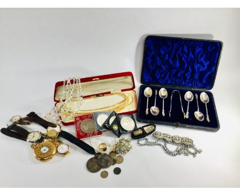 A quantity of various items of costume jewellery, watches and coins, including a gold plated pocket watch 5 x wristwatches, a