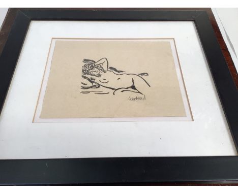 A pencil sketch of a recumbent female nude, signed 'Garland' lower right, mounted, glazed and framed, 16 x 20cm 