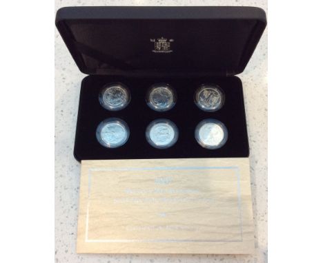 Royal Mint- 2007 Britannia 20th Anniversary Silver Proof One Pound Collection of six, 958/1000, 16.22g, proof struck satin fi