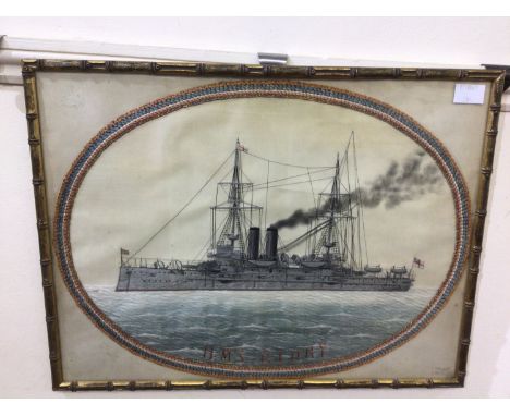 An early 20th century silkwork ship's portrait of the 'pre-Dreadnaught' Canopus Class battleship HMS Glory, the oval panel wi