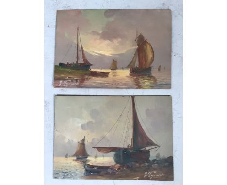 Gustave Pynaert (Belgian, late 19th/early 20th century) Two seascape studies with boats and figures, signed, unframed oil on 