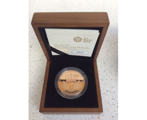 The Royal Mint- The UK Restoration of the Monarchy £5 Gold Proof Coin, 0.9167 Au, 39.94g, proof struck, Obv. IRB portrait ERI