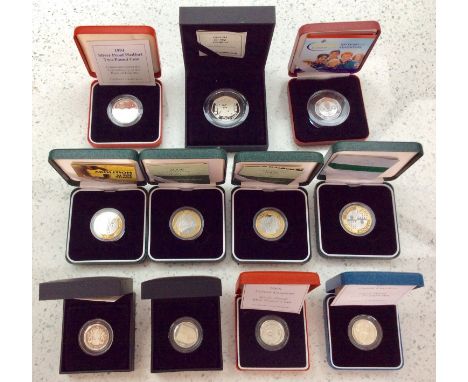 Eleven various Royal Mint Silver Proof issue: 1992-93 EC Piedfort 50p, 1994 Piedfort £2 Tercentenary Bank of England, UK 2008