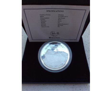 Westminster- The Final Voyage of QE2 2008 Gibraltar 5oz Silver Ten Pounds, proof struck, obv. ERII Raphael Maklouf portrait/ 