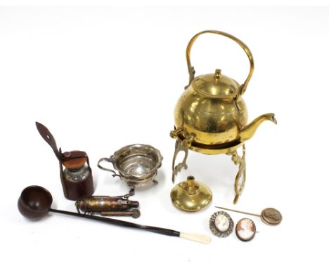 Mixed lot to include a lava cameo stick pin, two vintage Cameo brooches, Birmingham silver salt, treen toddy ladle with bone 