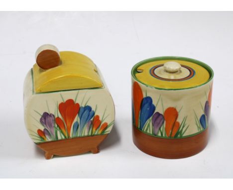 Clarice Cliff  Bon Jour preserve pot and cover in Crocus pattern together with another of drum form,  10cm (2)
