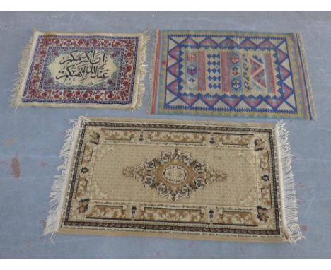 Eastern silk wool prayer mat and two small rugs,  (3)