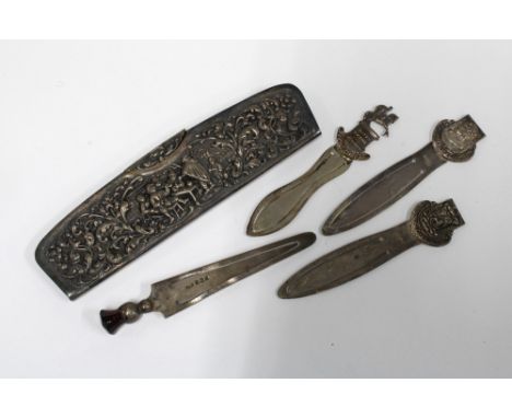 Birmingham silver bookmark and three Venezuela bookmarks, one  marked SILVER together with a comb (5)