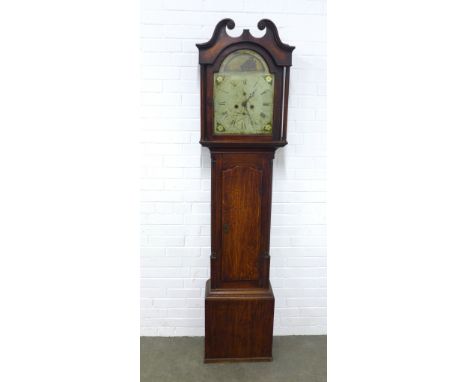 19th century oak grandfather clock, broken swan neck pediment over a painted dial with ship automaton, 51 x 203 x 27cm.