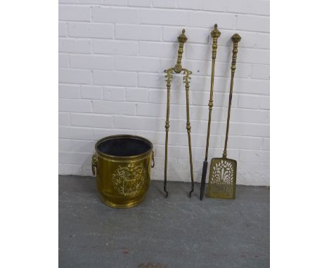 Brass planter, 28 x 27cm, together with a fireside tool set (4)