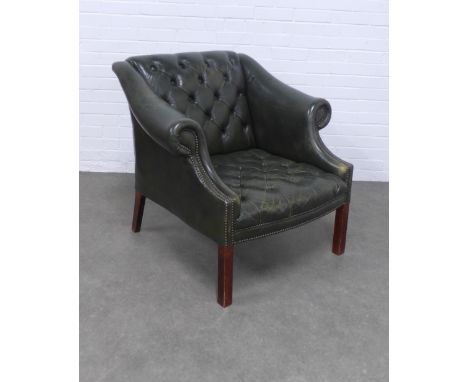 Green leather button back armchair, 91 x 83 x 60cm.