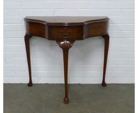 Burr walnut console table, raised on three cabriole legs, 89 x 77 x 42cm.