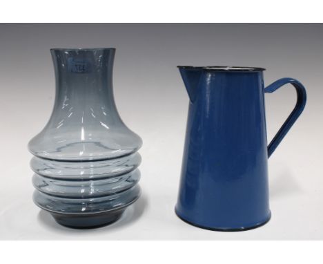 Blue enamel jug, 21cm, together with a grey art glass vase, 24cm (2)