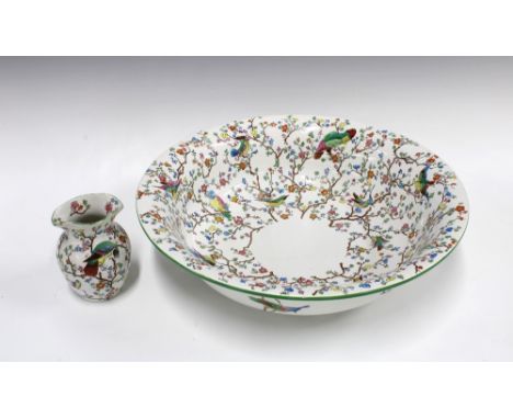Spode wash bowl / basin with birds in branches, 42 x 12cm together with a small vase, a/f (2)